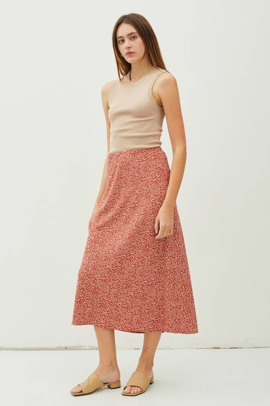 FLORAL PRINT MIDI SKIRT WITH ELASTIC WAISTBAND: Red Orange / L