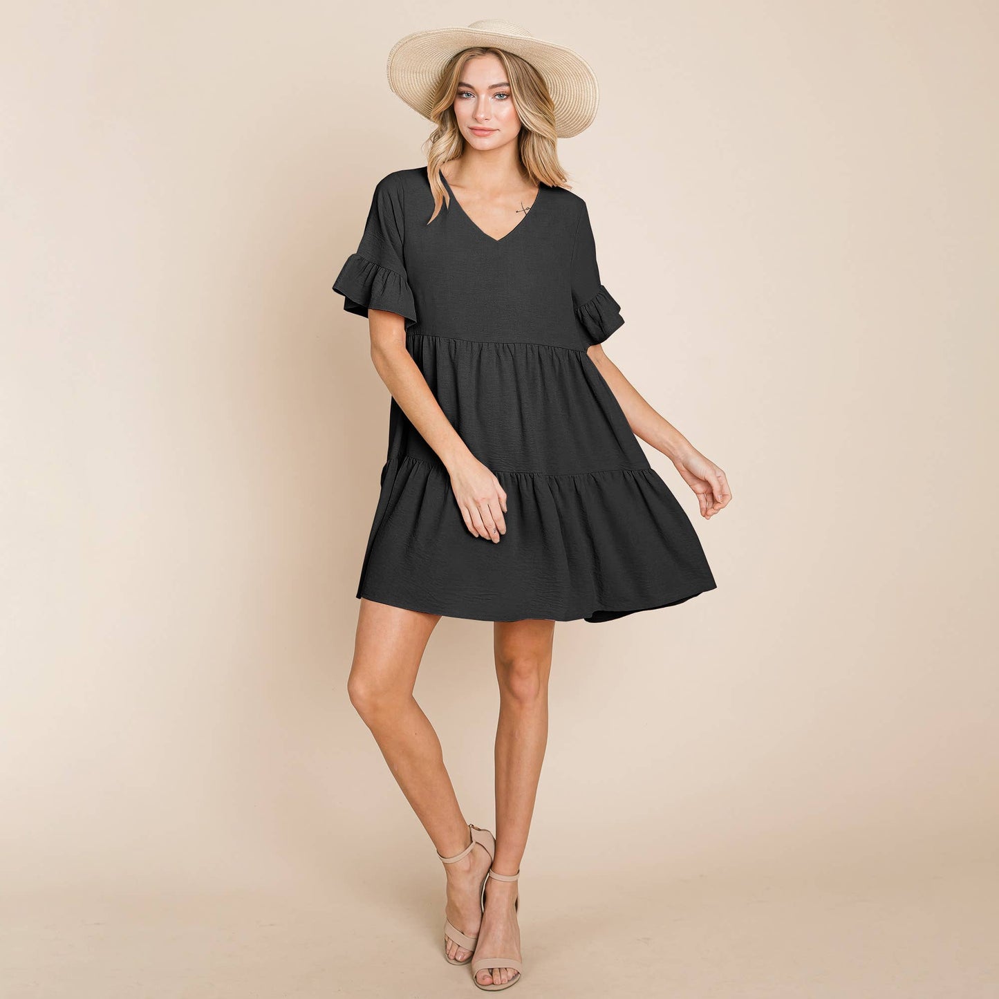 Layered Pleated Flutter Ruffle Sleeve Tiered Dress: Black / Medium 8-10