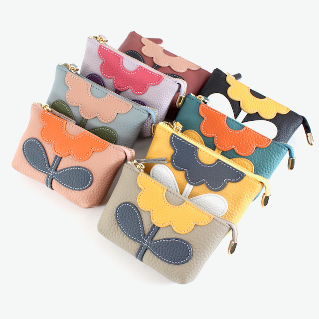 Flower Applique Leather Coin Purse: Black