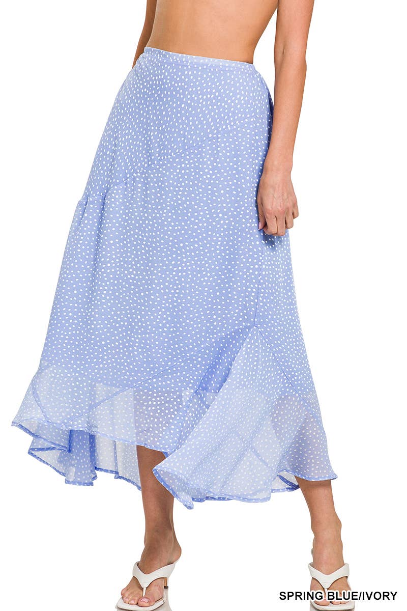 ._ SI-23982 POLKA DOT PRINT HANKY HEM ELASTIC WAIST MAXI SKIRT: BLACK/IVORY-150252 / S