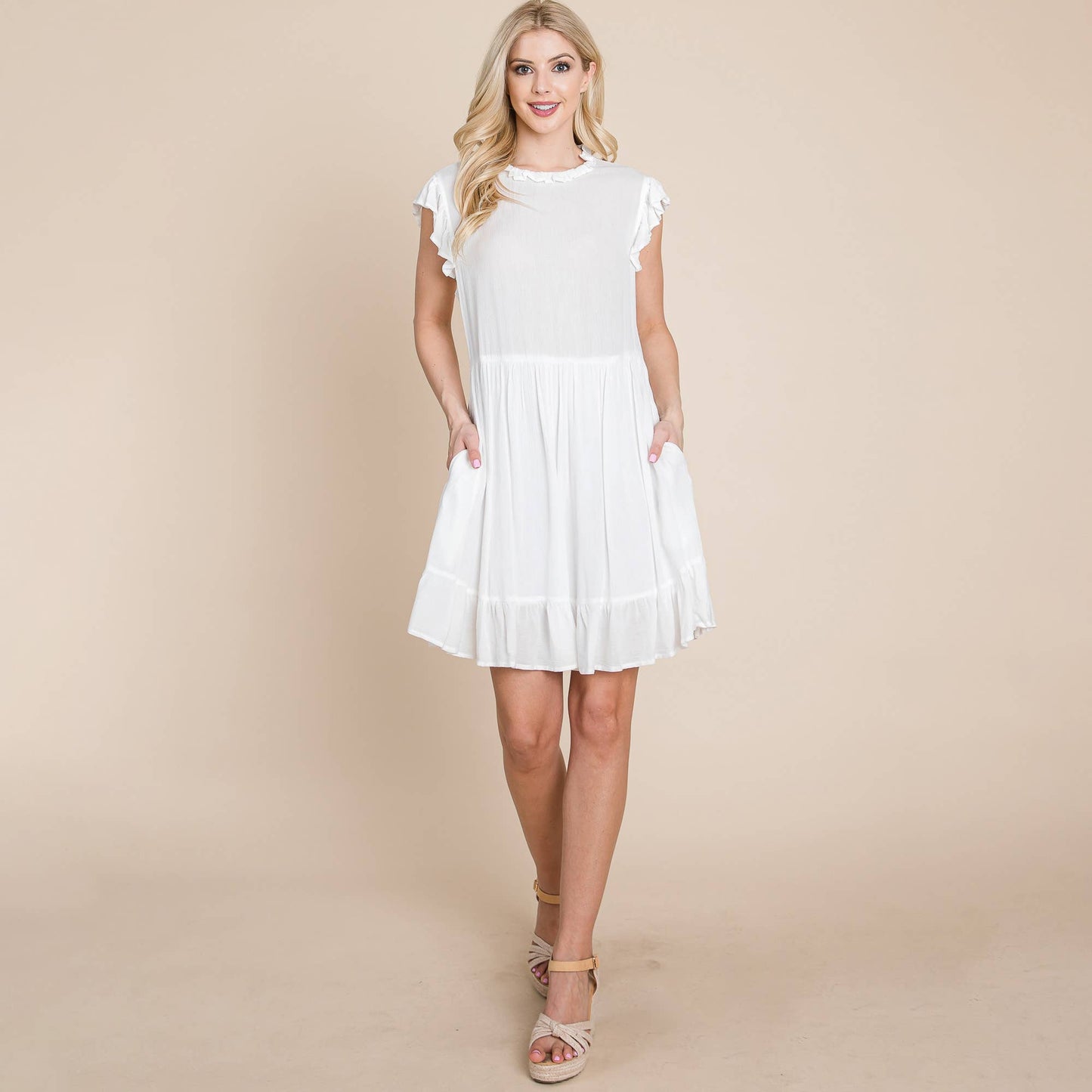 Sleeveless Babydoll Ruffled dress with pockets: Sage / Large 12-14