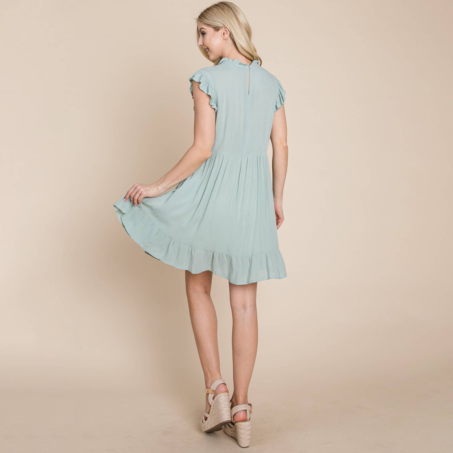 Sleeveless Babydoll Ruffled dress with pockets: Sage / Large 12-14