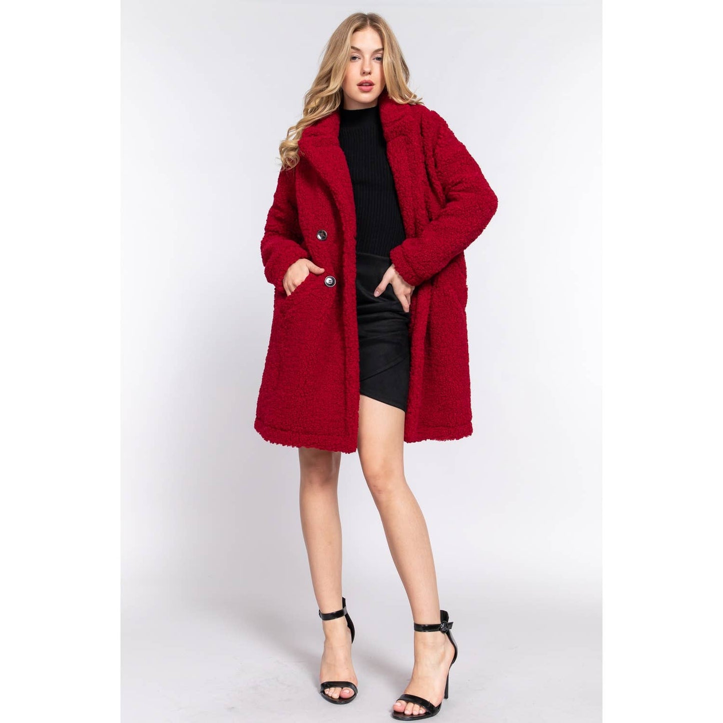 DOUBLE BREASTED FAUX FUR TEDDY COAT: GRY-CHARCOAL / M