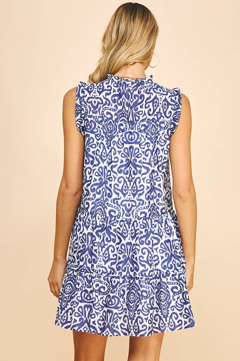 PRINT TIERED MINI DRESS - DUSTY NAVY: S