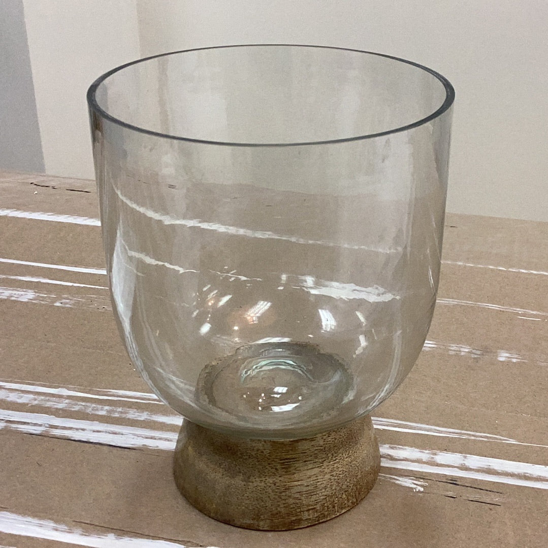 Glass & mango wood footed vase/ hurricane/candle holder
