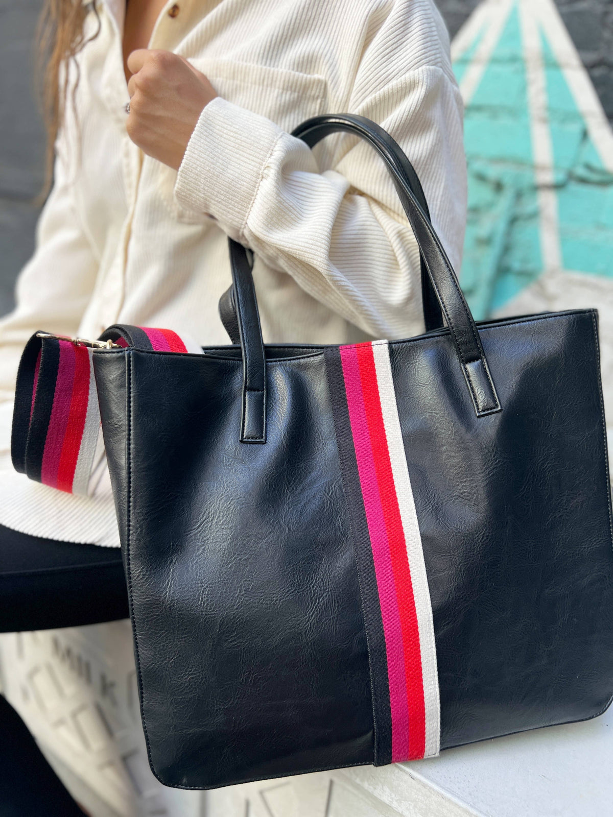 Black + Multi Stripe Leather Tote Bag w/ Stripe Strap