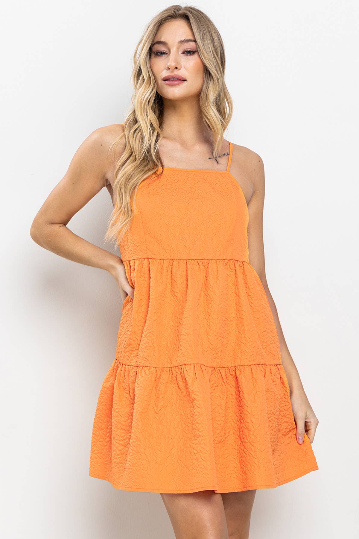Crinkle Woven Tiered Spaghetti Strap Mini Dress / DIC50788…orange