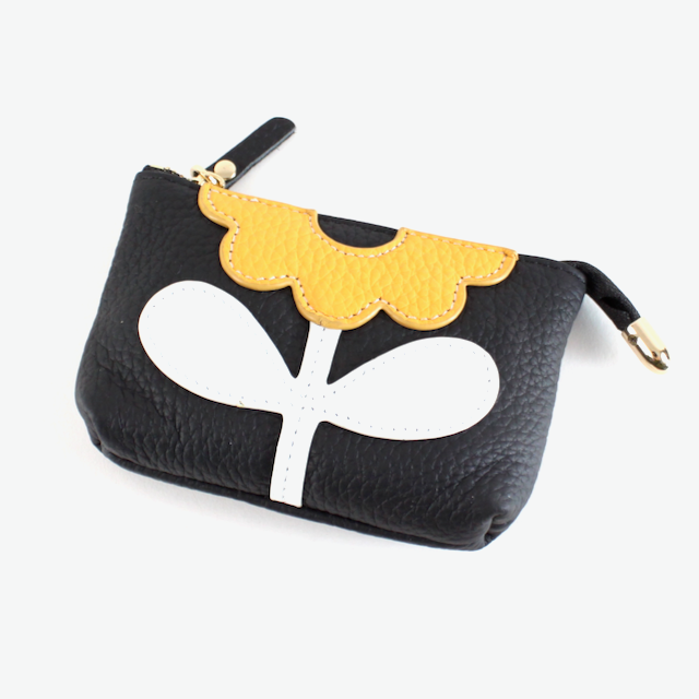 Flower Applique Leather Coin Purse: Black