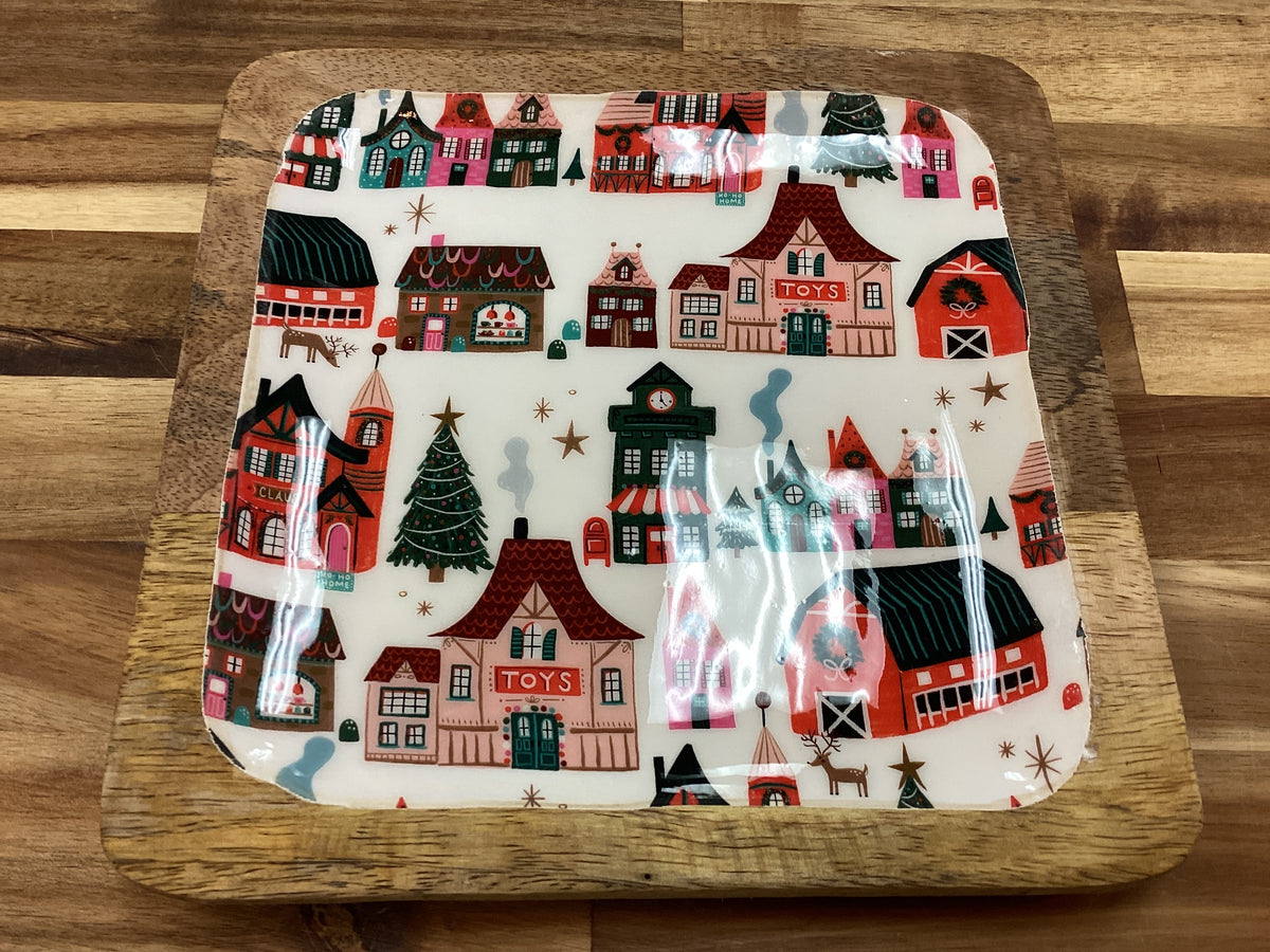 8” enameled mango wood tray, houses