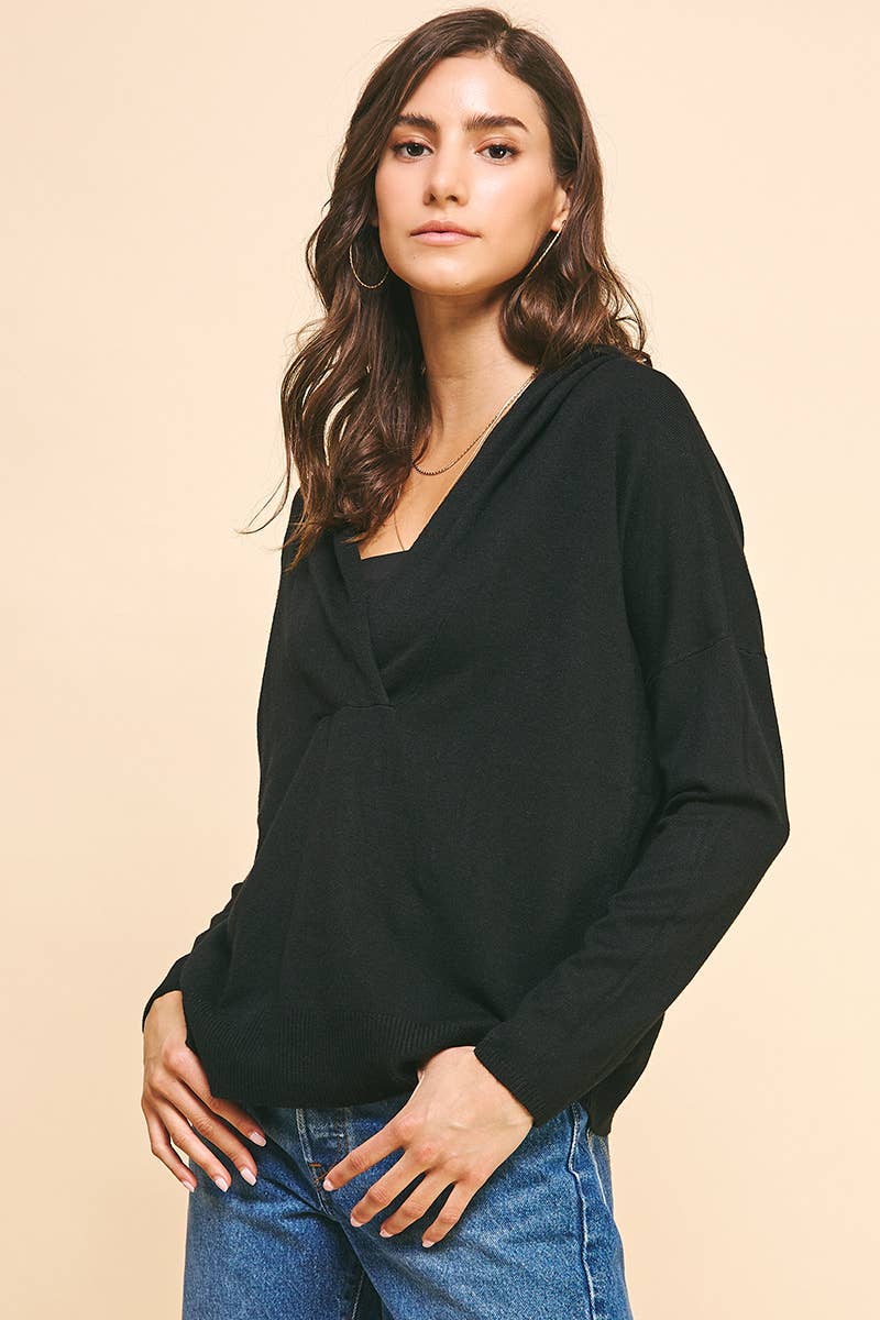HOODED SWEATER CARDIGAN - BLACK: M