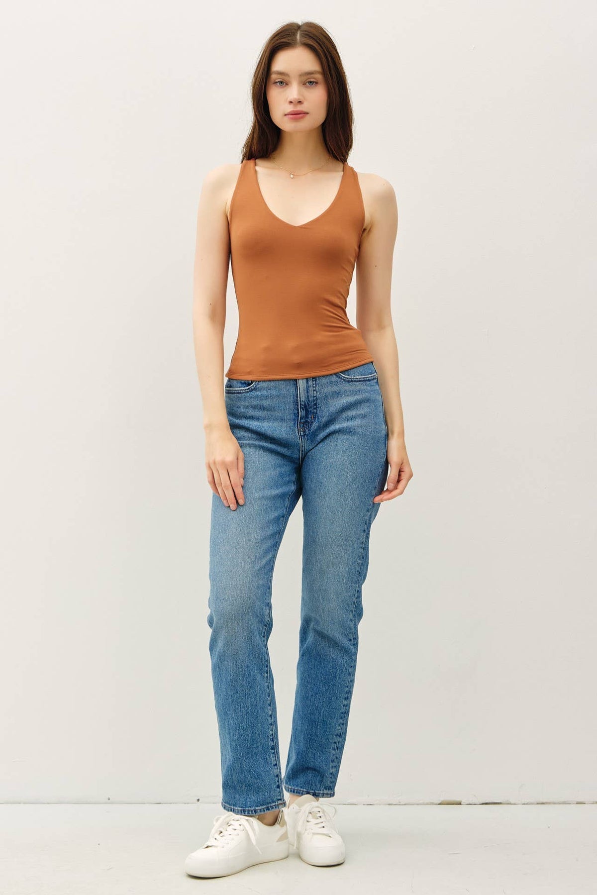 BASIC FULL LENGTH V-NECK TANK:White / M