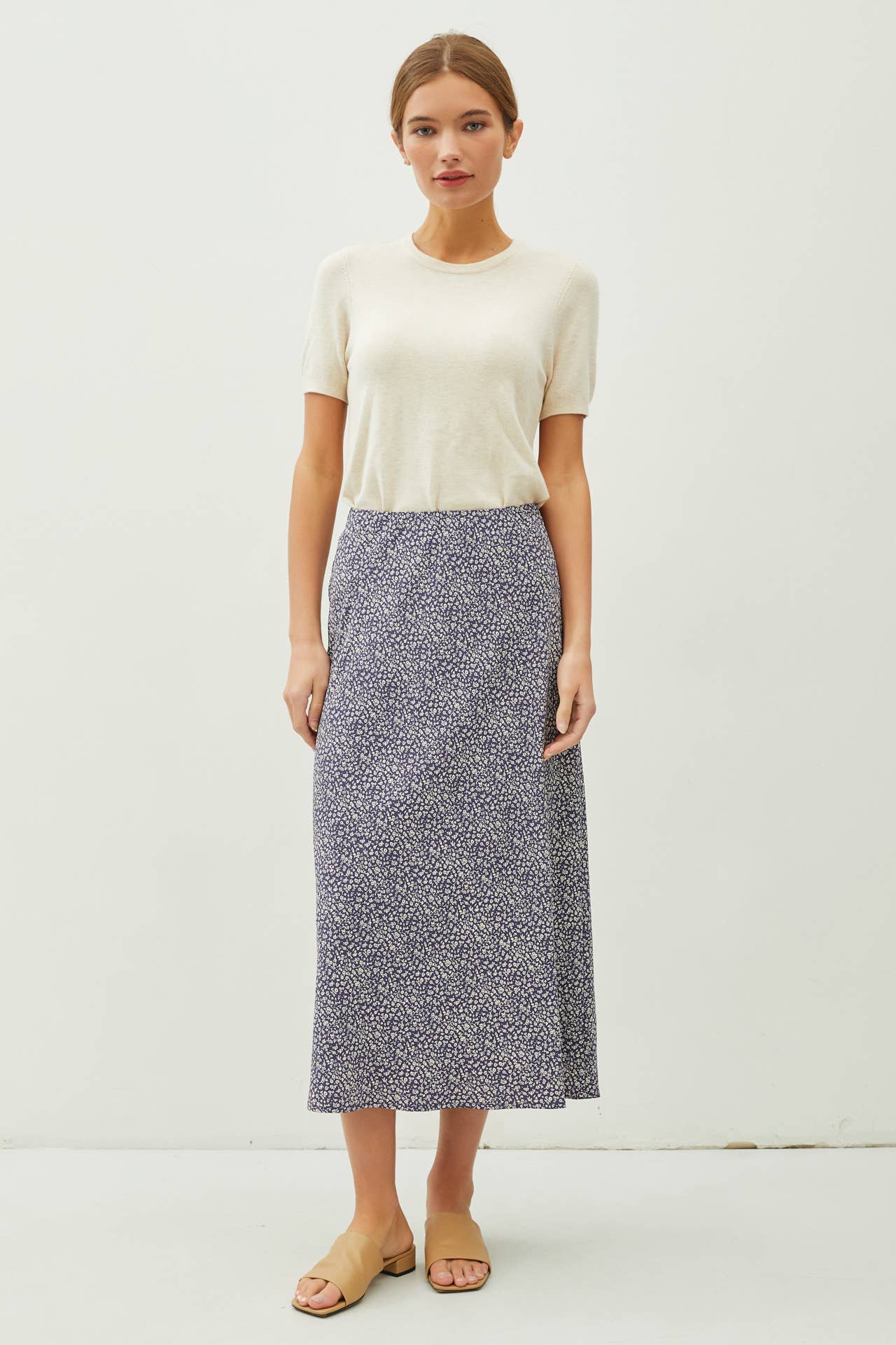 PRINT MIDI SKIRT WITH ELASTIC WAISTBAND: Indigo / M