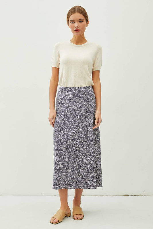 PRINT MIDI SKIRT WITH ELASTIC WAISTBAND: Indigo / M