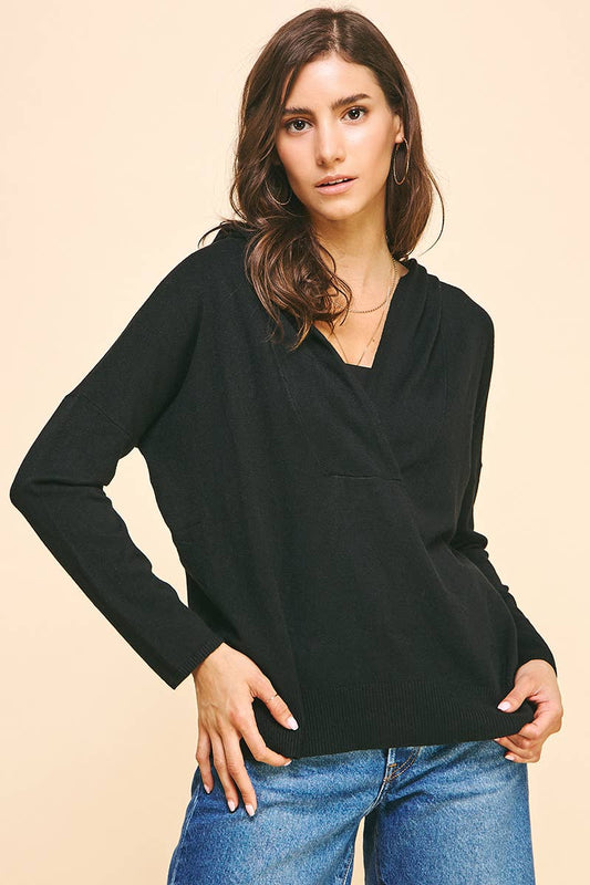 HOODED SWEATER CARDIGAN - BLACK: S