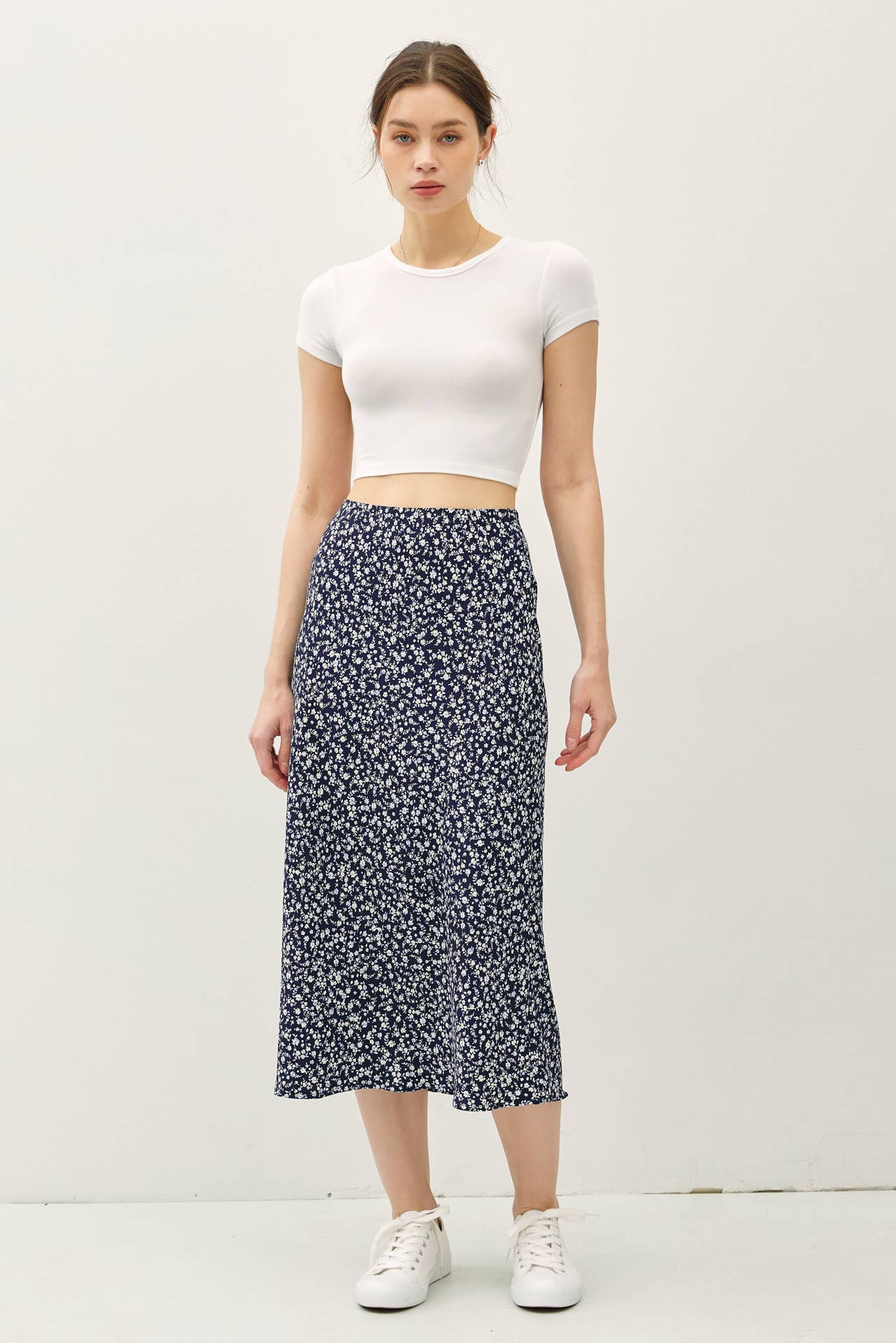 PRINT MIDI SKIRT WITH ELASTIC WAISTBAND: Indigo / M
