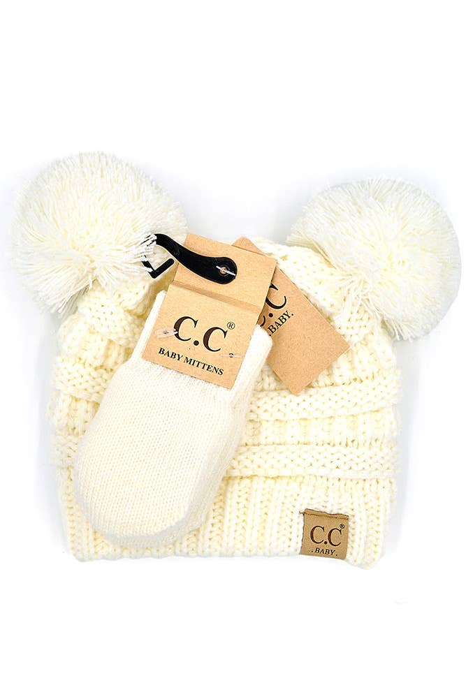 C.C Baby Solid Ribbed Pom Beanie and Mitten Glove: Pale Pink