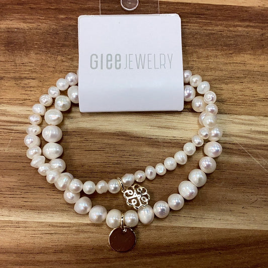 Stackem up bracelets…pearly…white pearl…gold