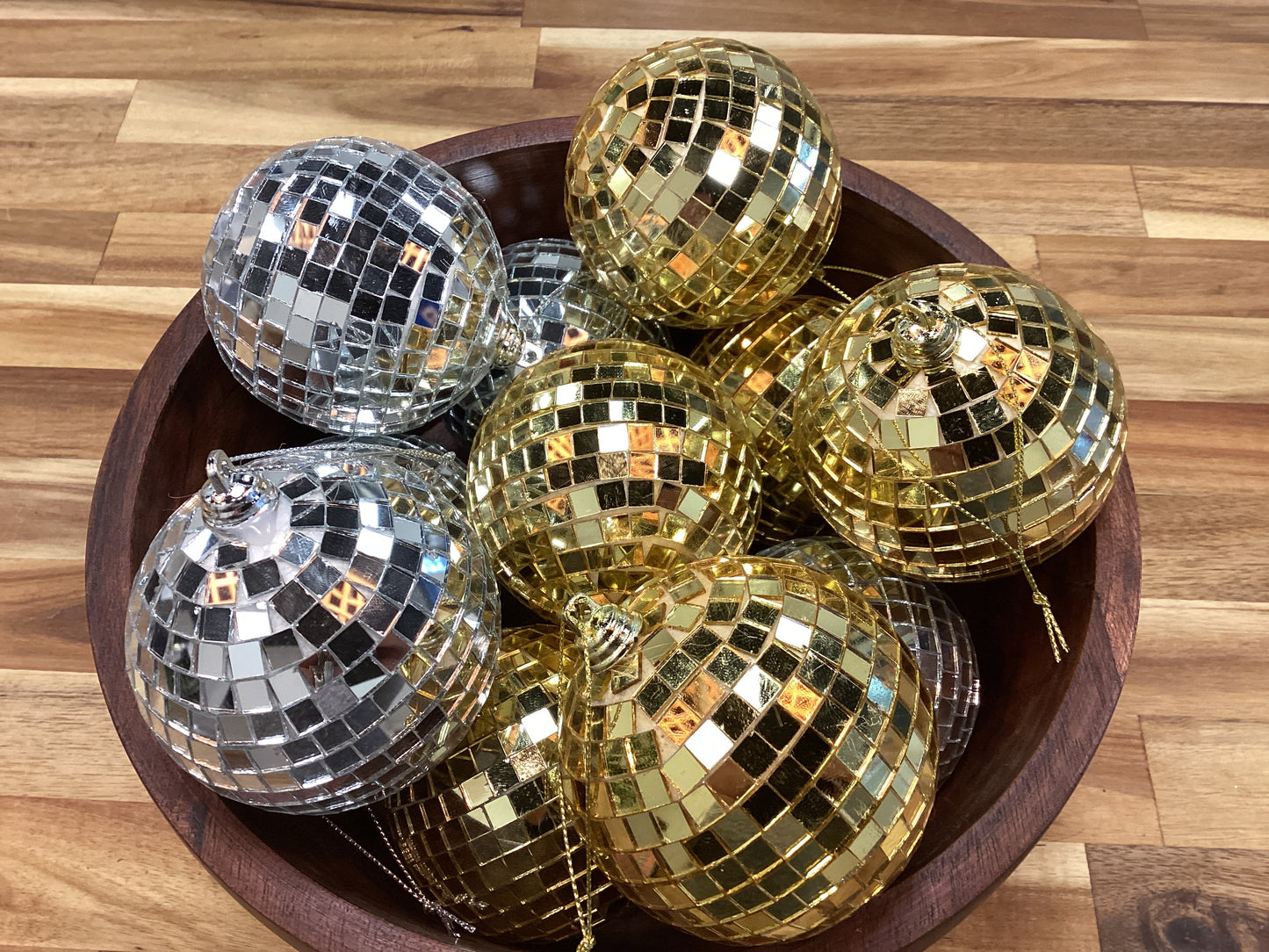 Disco ball ornament, gold and silver