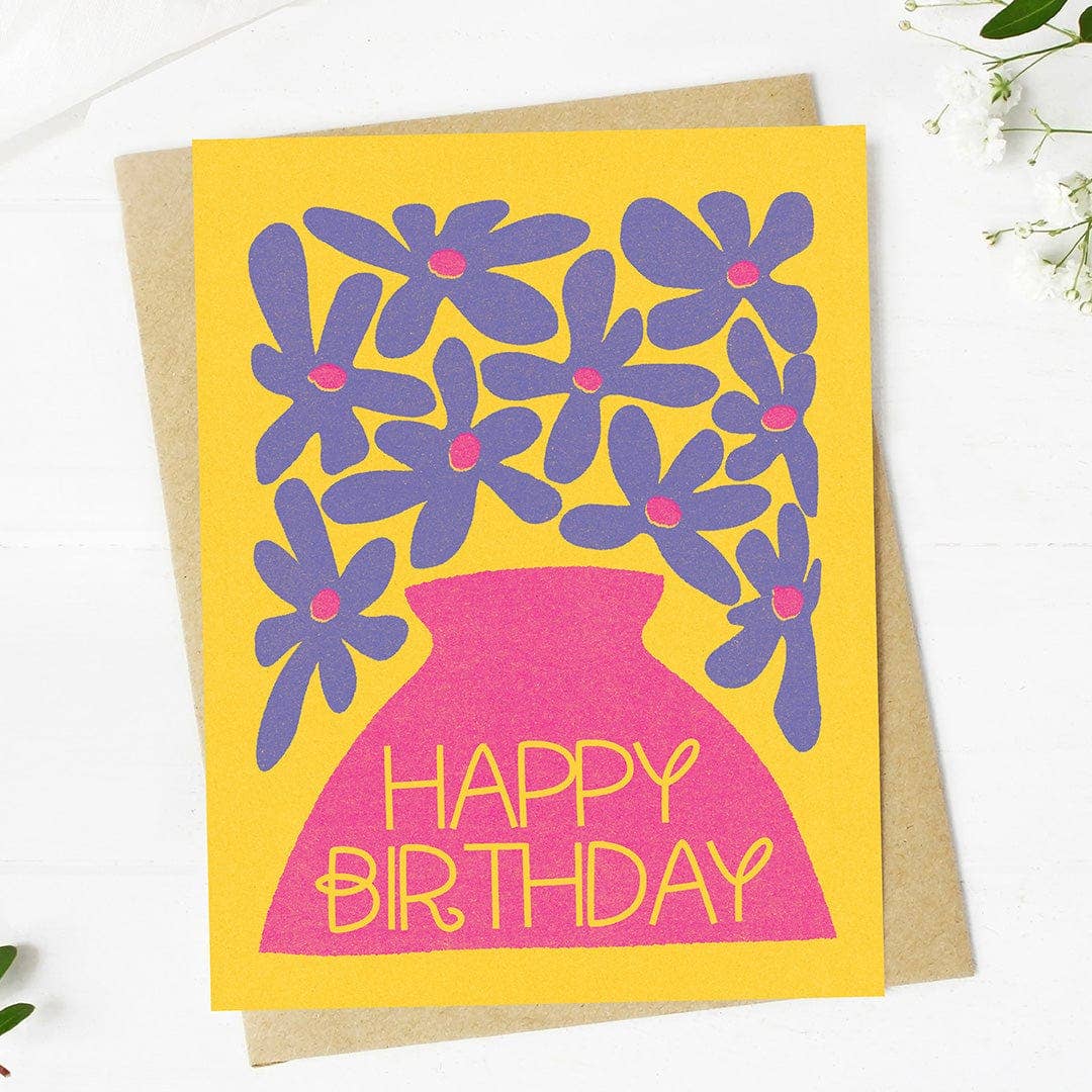 Happy Birthday Purple Flowers Pink Vase Abstract Card