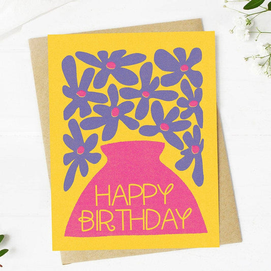 Happy Birthday Purple Flowers Pink Vase Abstract Card