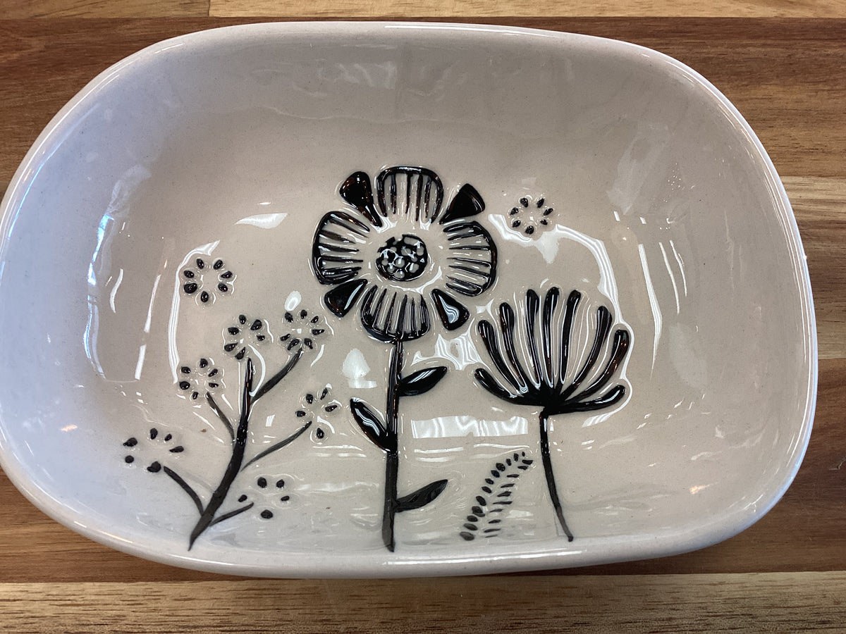 Cream stoneware dish with black flowers