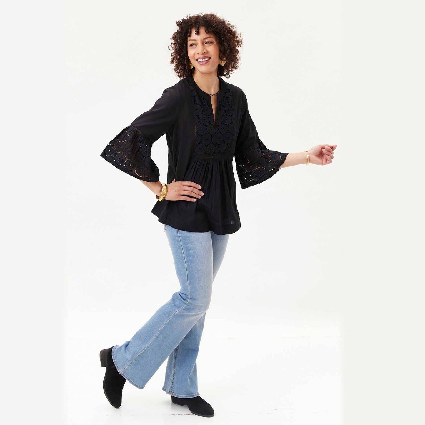 BLACK EYELET Tunic with Bell Sleeve: L