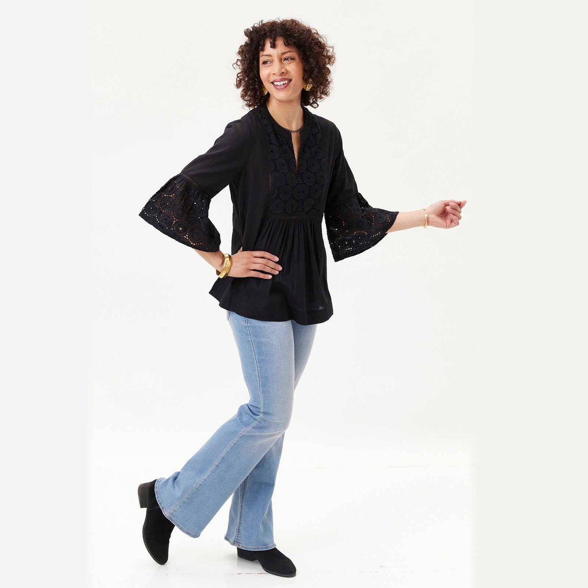 BLACK EYELET Tunic with Bell Sleeve: M