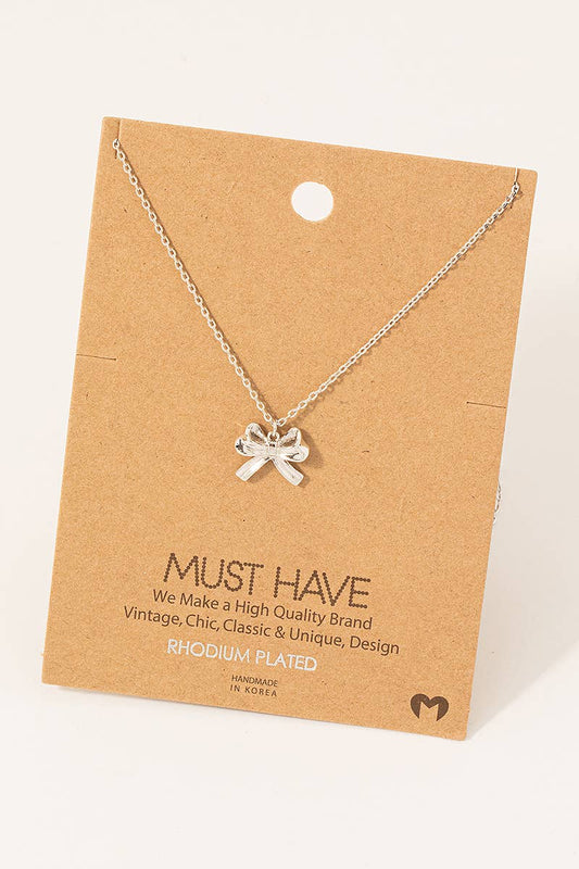 Gold Dipped Ribbon Bow Necklace: Silver