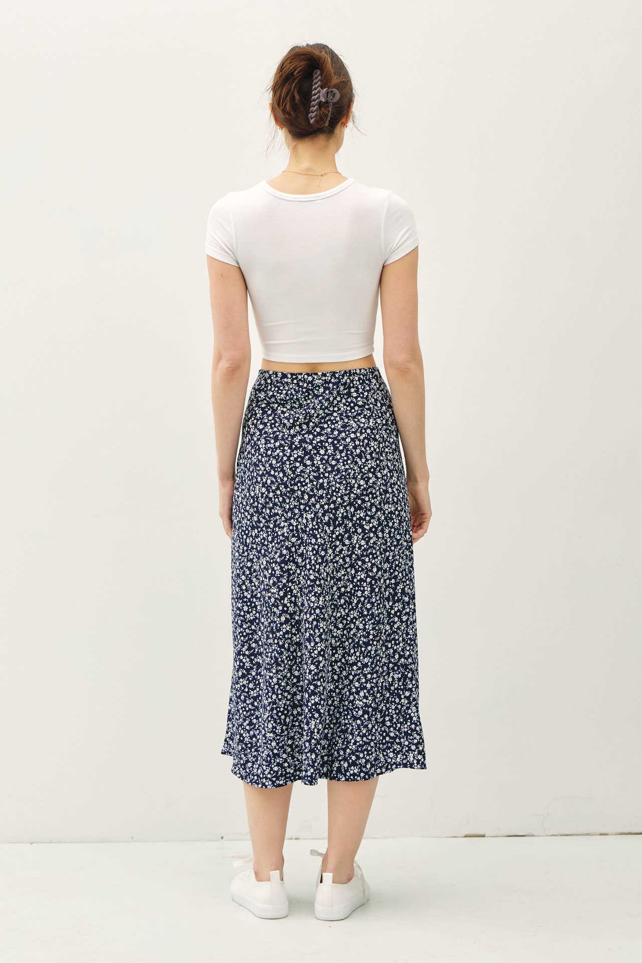 PRINT MIDI SKIRT WITH ELASTIC WAISTBAND: Indigo / M