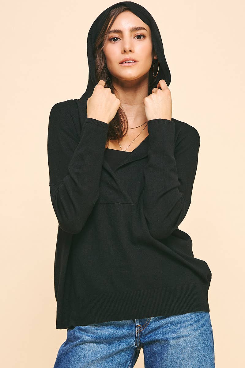 HOODED SWEATER CARDIGAN - BLACK: L