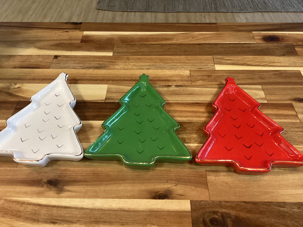 7” ceramic tree dish/white,green,red