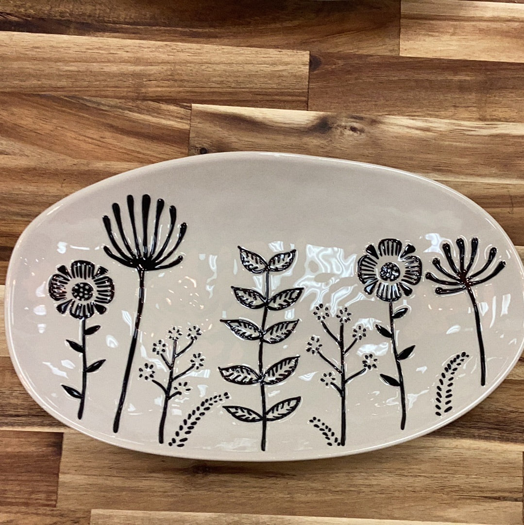 Cream Stoneware plate platter with black flowers