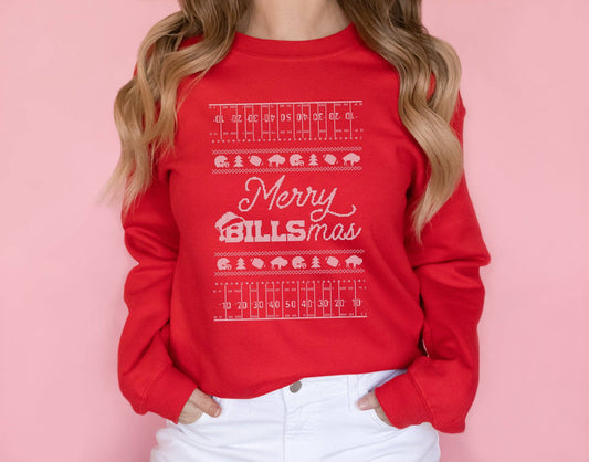 Merry Billsmas Ugly Christmas Sweater Crewneck Sweatshirt: Red / Unisex S