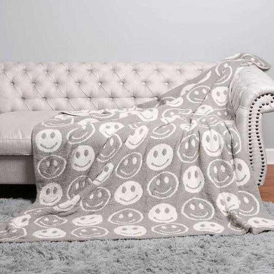 Happy Face Patterned Throw Blanket: GRAY / ONE SIZE