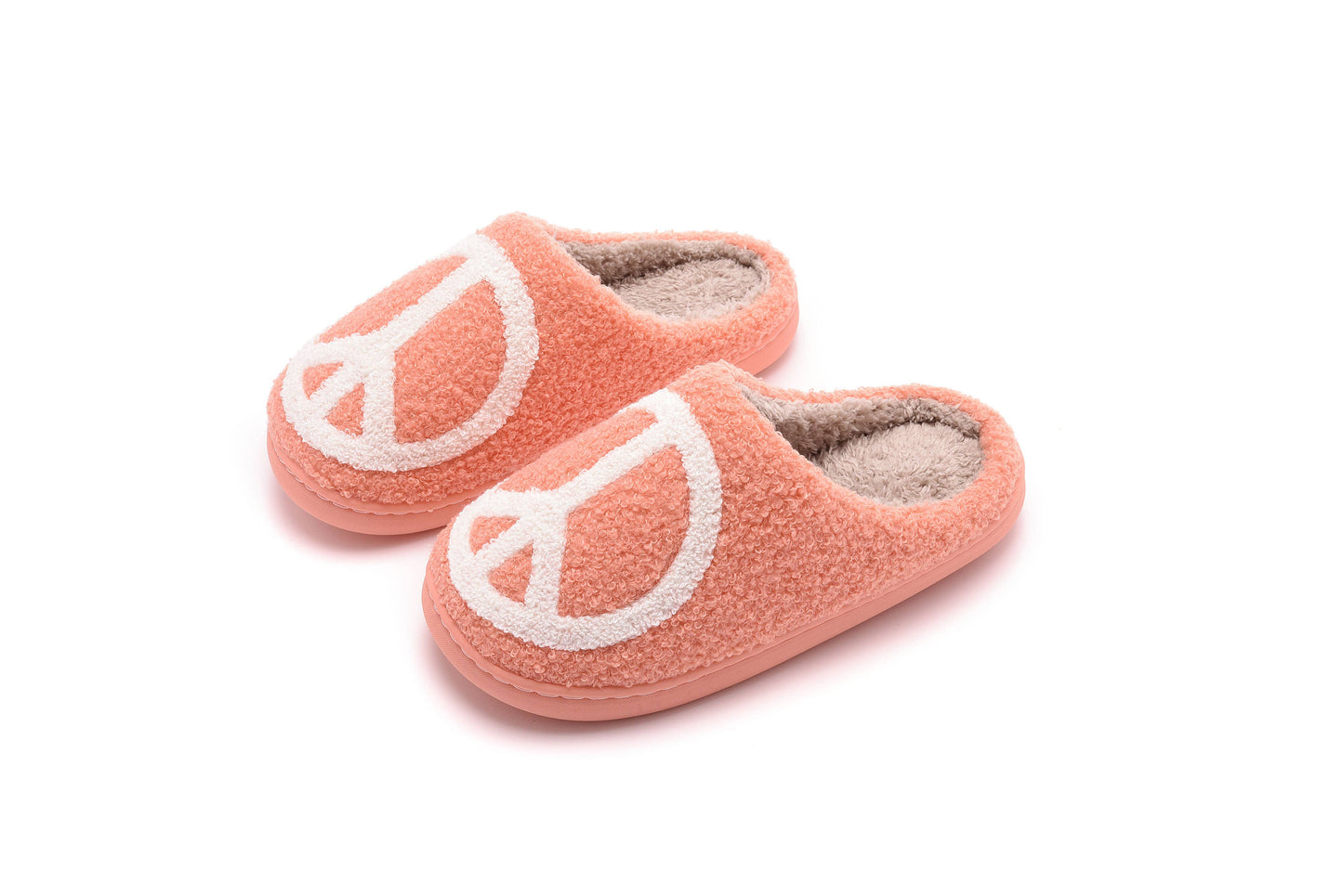 Peace Symbol Illustrated Plush Fur Slip on Slippers: Peace / Medium