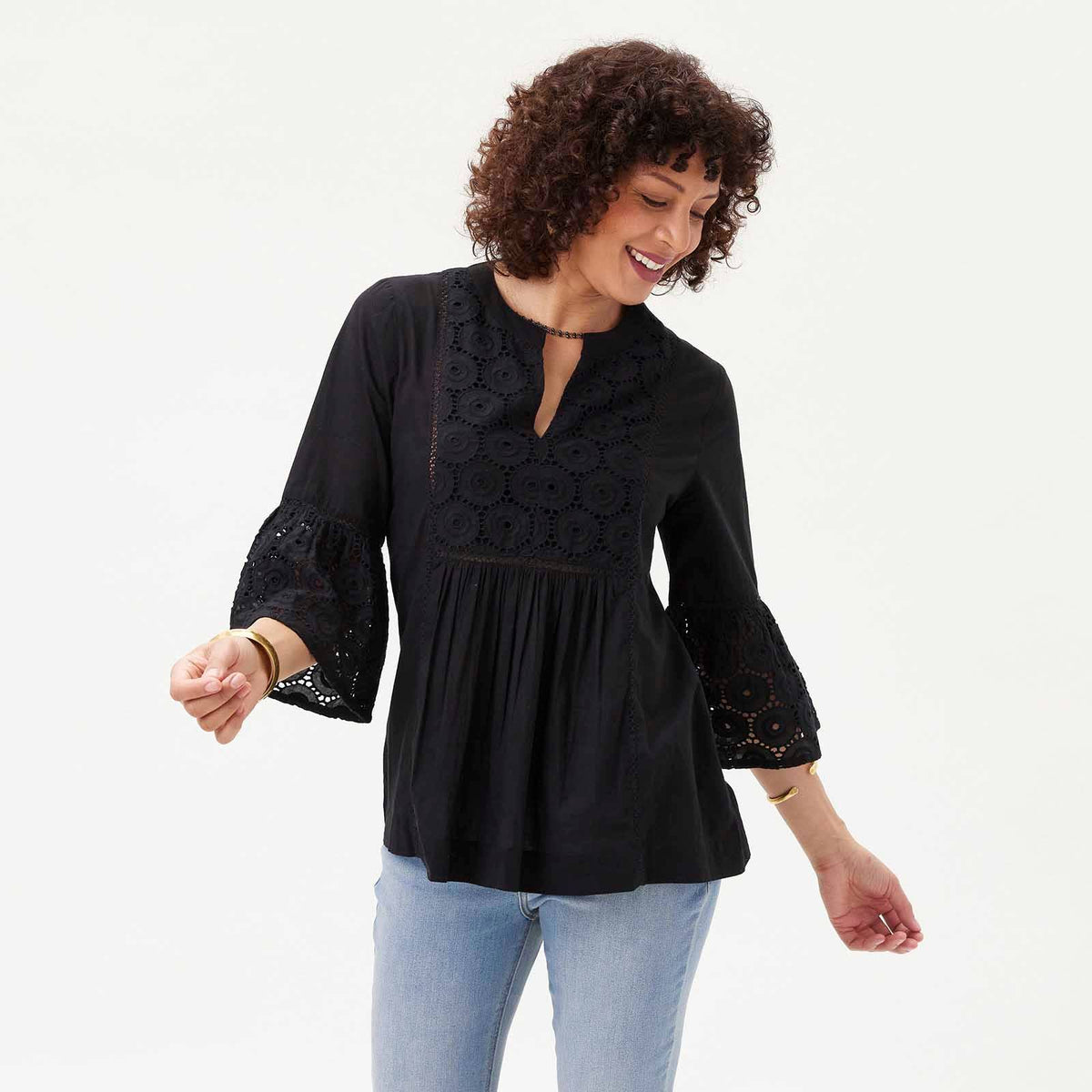 BLACK EYELET Tunic with Bell Sleeve: M