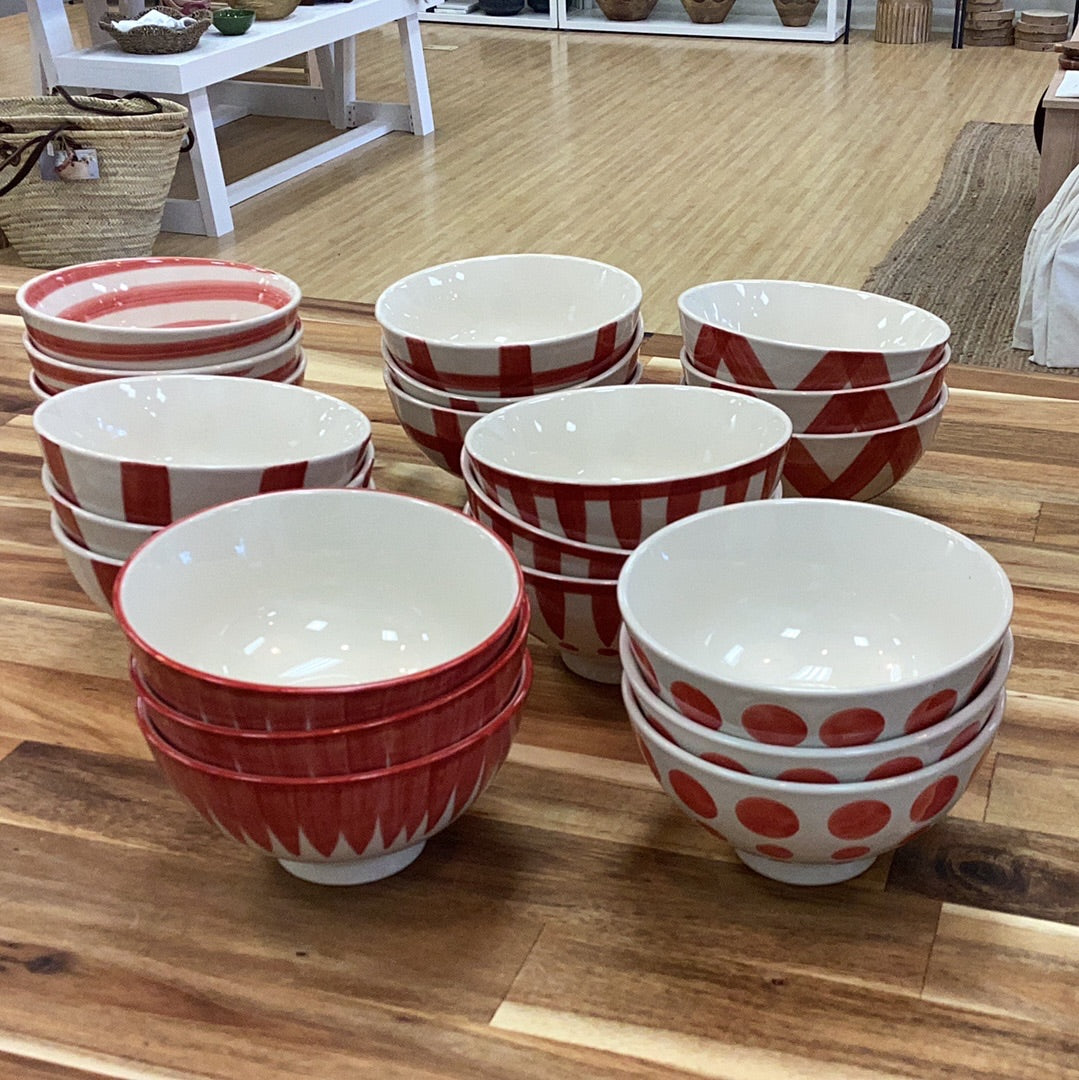 4” round hand painted bowls…red and white design…8 styles