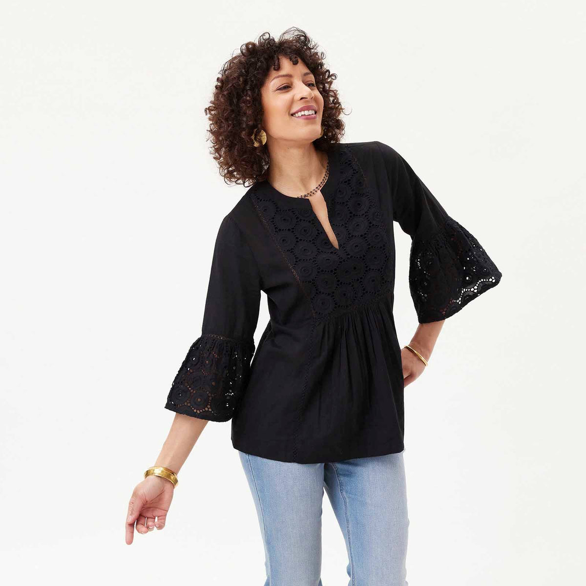 BLACK EYELET Tunic with Bell Sleeve: M