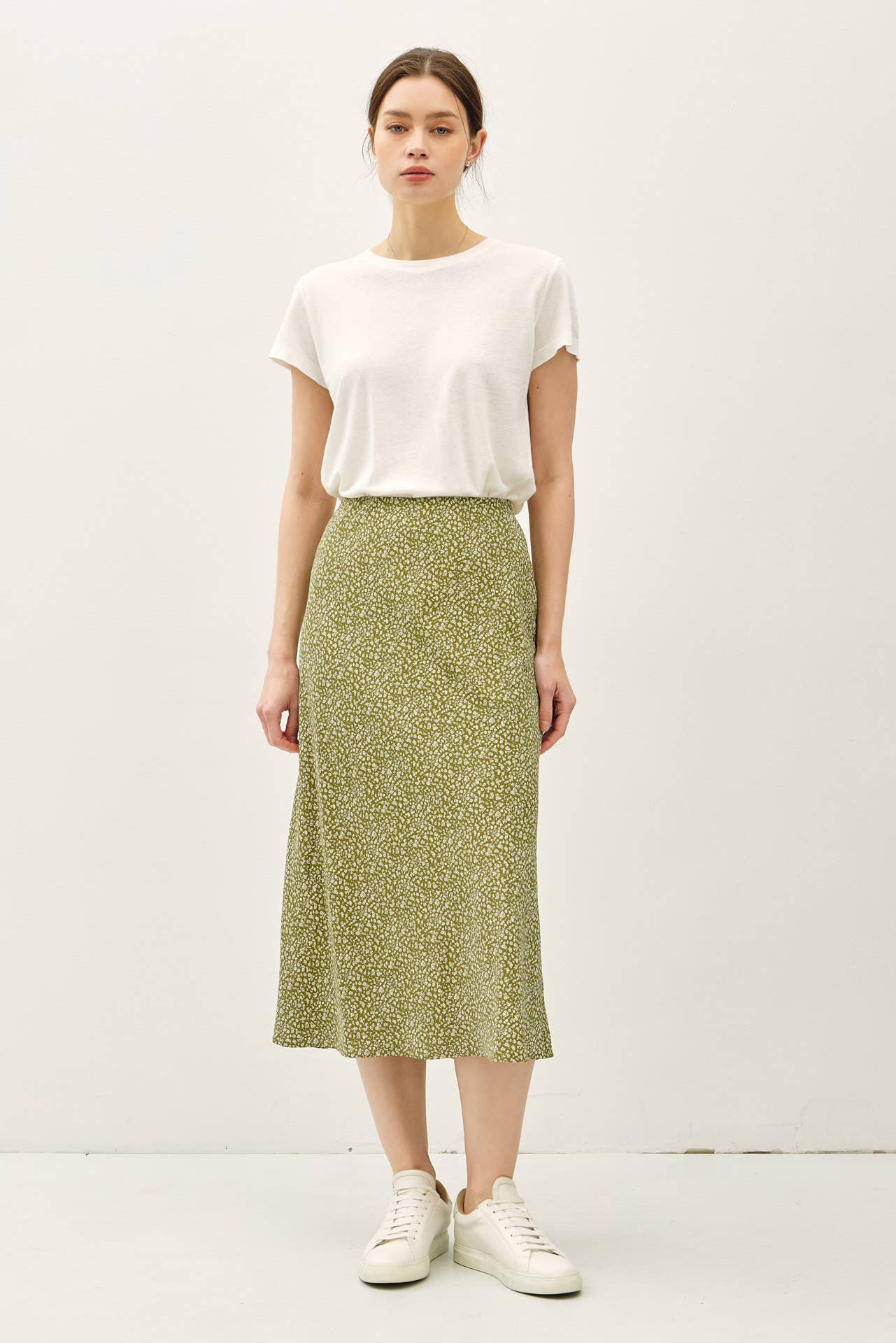 PRINT MIDI SKIRT WITH ELASTIC WAISTBAND: Indigo / M