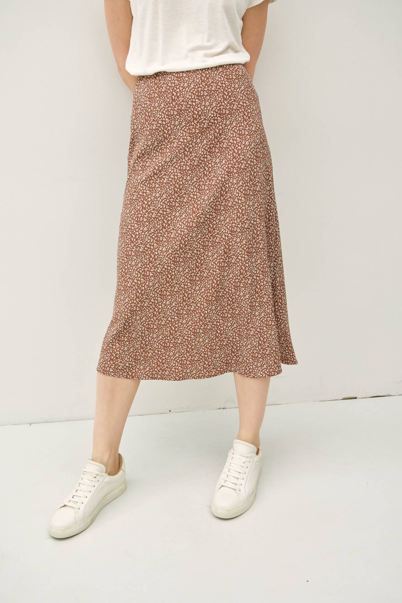 PRINT MIDI SKIRT WITH ELASTIC WAISTBAND: Indigo / M