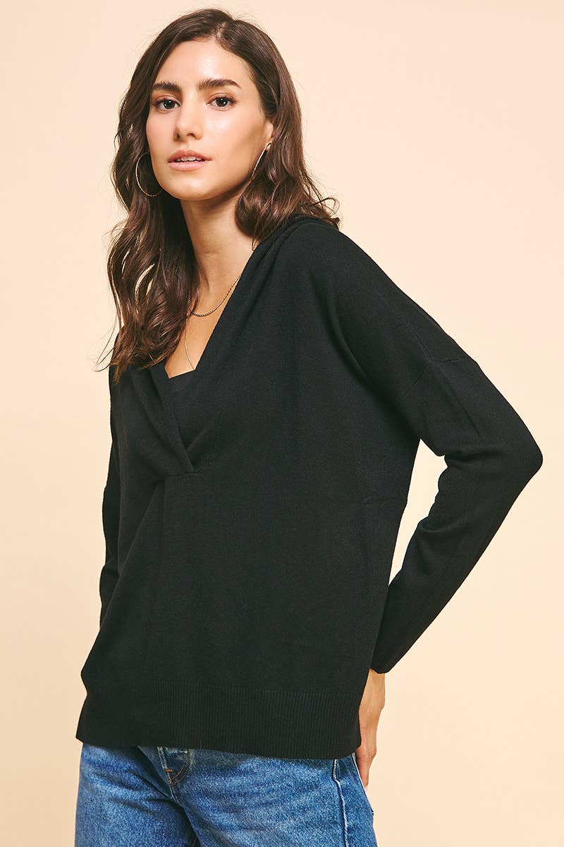 HOODED SWEATER CARDIGAN - BLACK: L