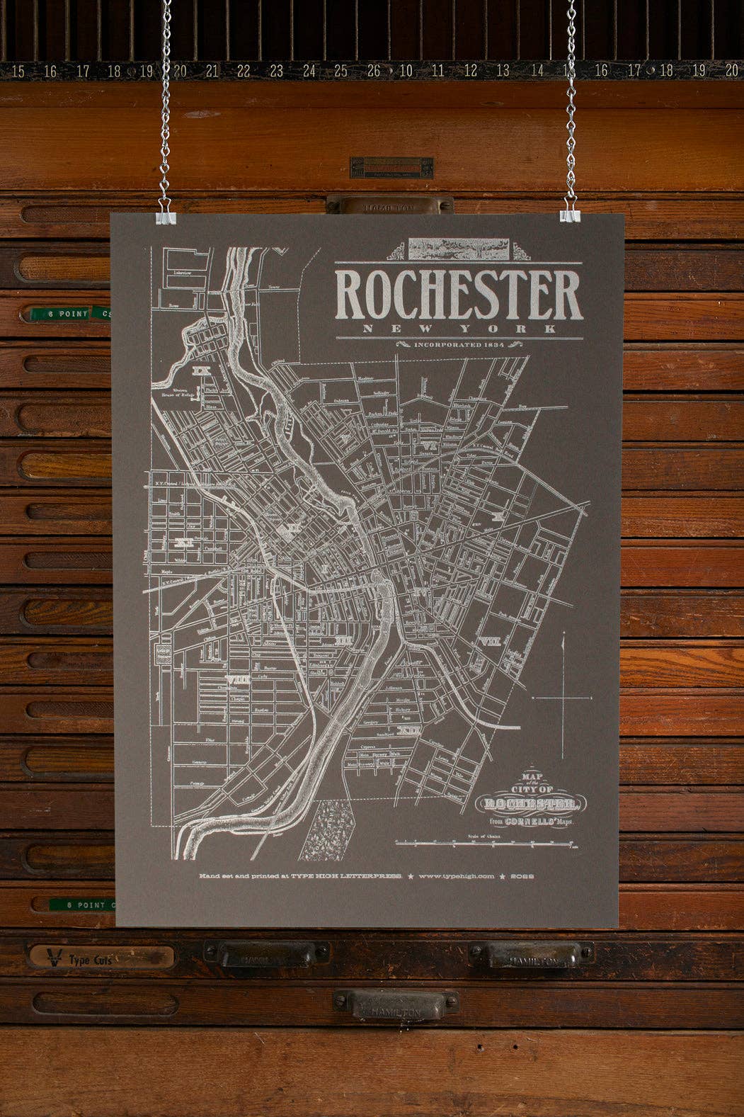 Rochester New York 1872 Map Print 14 x 20: Gray/Silver type high