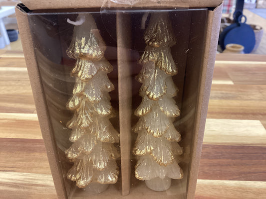 5” tree shaped pillar taper candles/ cream and gold/ 2 in a box
