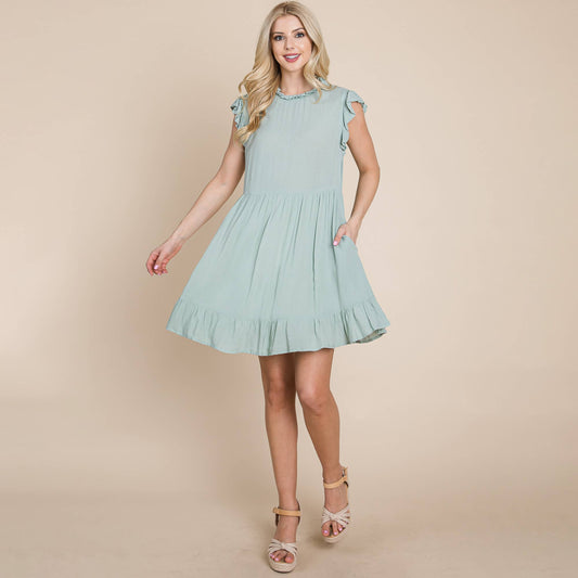Sleeveless Babydoll Ruffled dress with pockets: Sage / Small 4-6