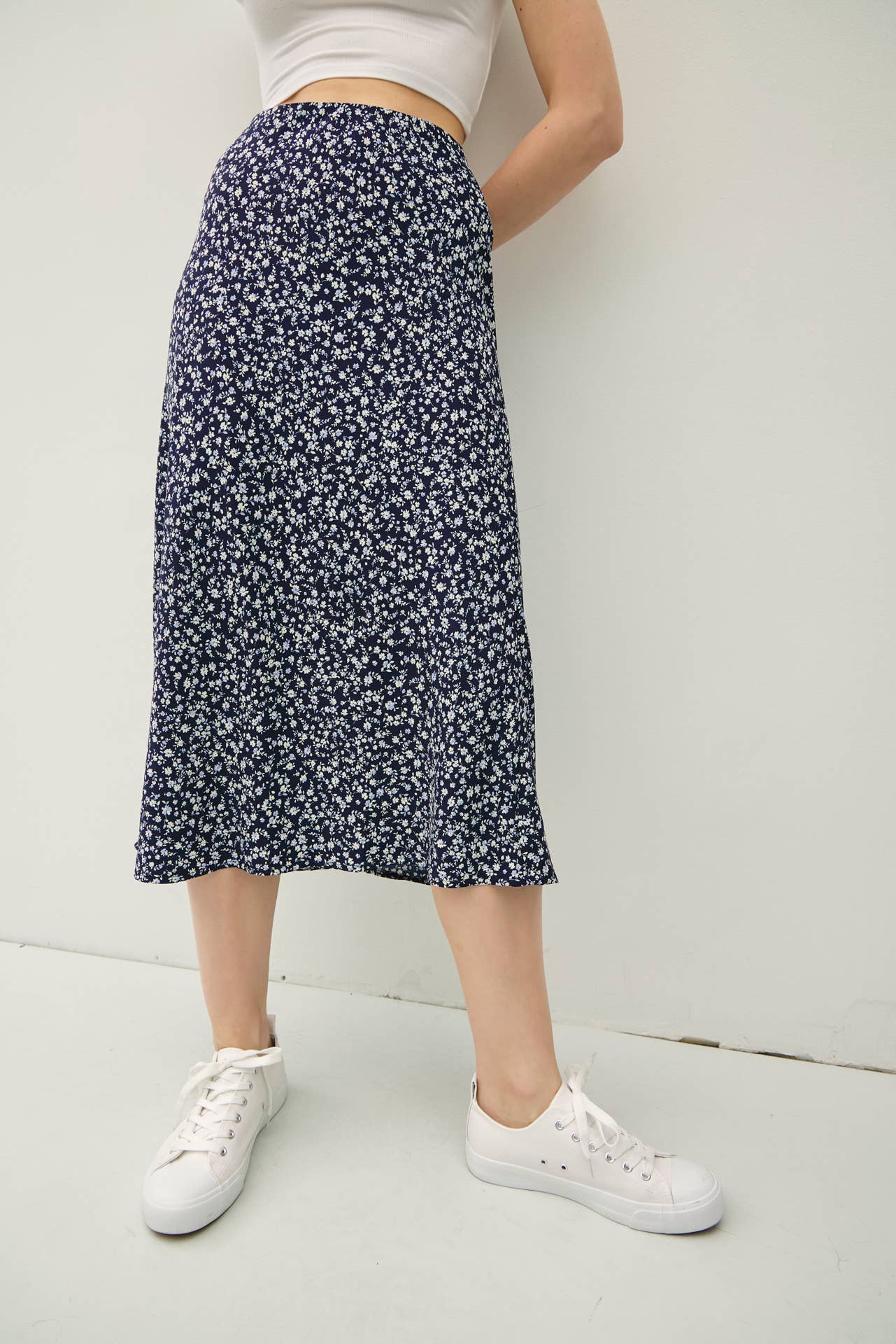 PRINT MIDI SKIRT WITH ELASTIC WAISTBAND: Indigo / M