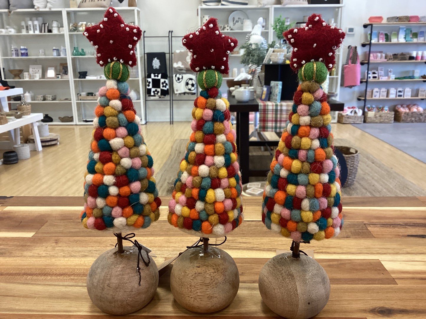 8” wool felt Pom Pom tree, handmade, wood base