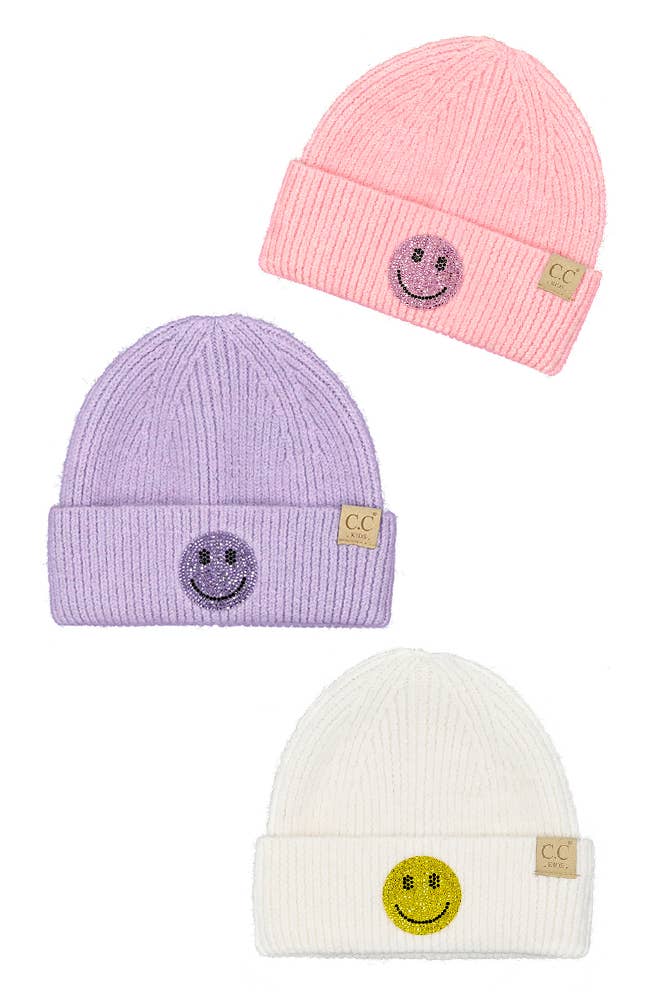C.C Kids Smile Face Rhinestone Beanie: Ivory