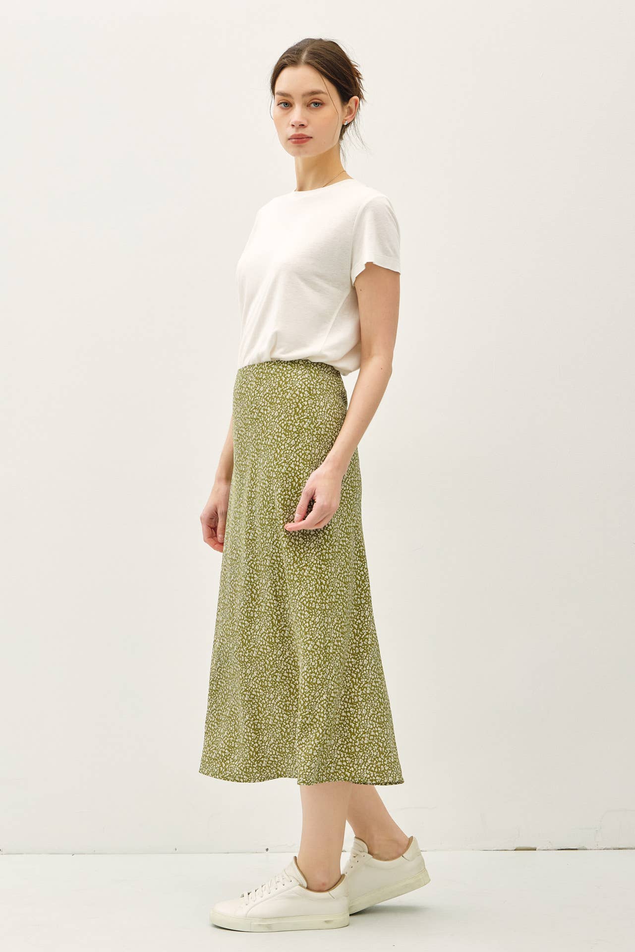 PRINT MIDI SKIRT WITH ELASTIC WAISTBAND: Indigo / M