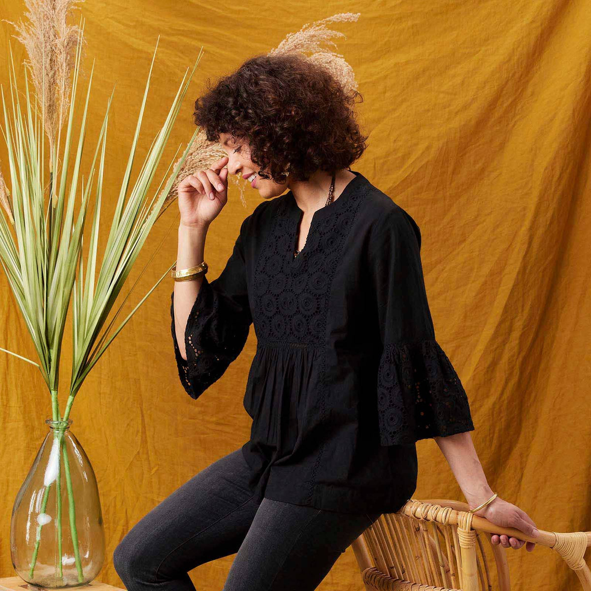 BLACK EYELET Tunic with Bell Sleeve: M