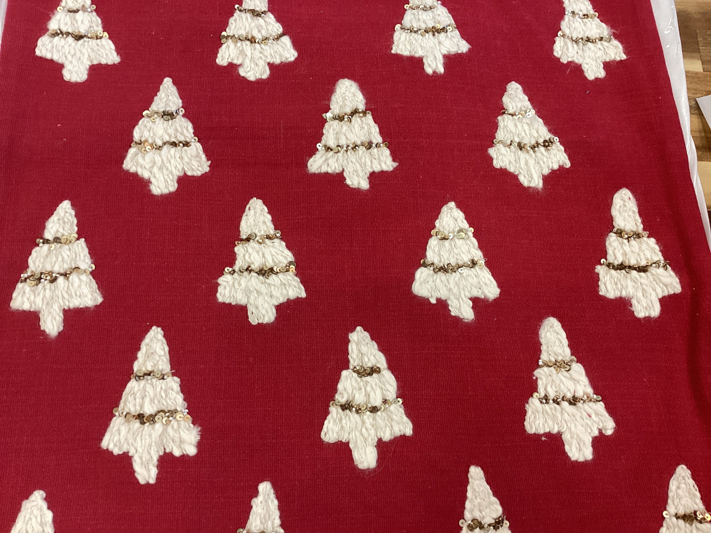 20” sq Red pillow with white and gold trees